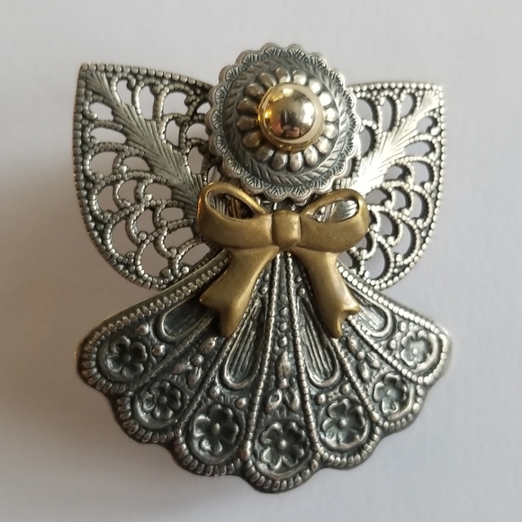 Relisted - Filigree angel brooch gold tone silver tone guardian pin - Picture 5 of 8